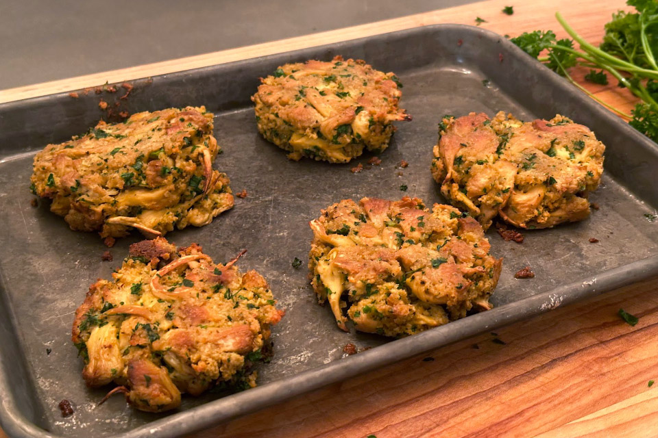 Lion's Mane krab cakes on a baking tray